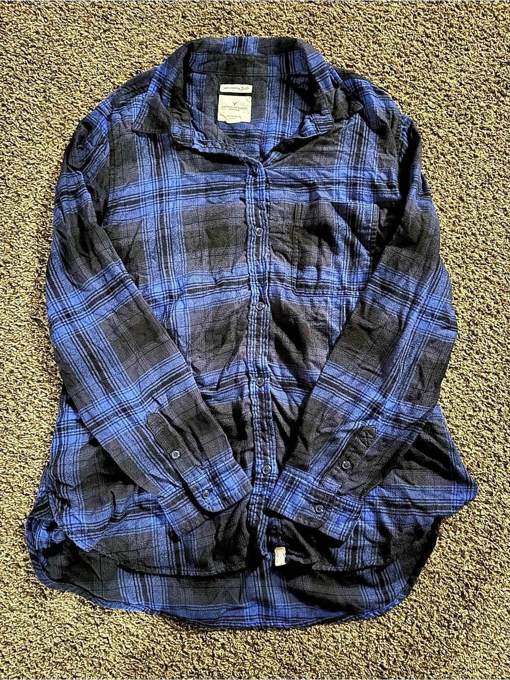 American Eagle Plaid Button Down Shirt Blue & Black Size XL